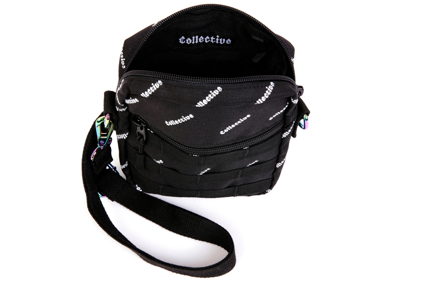BOLSO BANDOLERA CON LOGOTIPO REPETIDO - NEGRO Y BLANCO